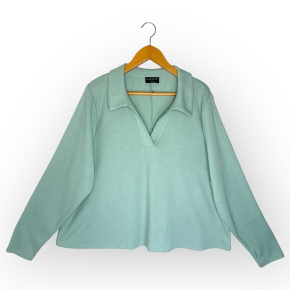 Lane Bryant Classic Long-Sleeve V-Neck Polo Ribbed Tee 22/24 Aqua Mint Green - Picture 2 of 8
